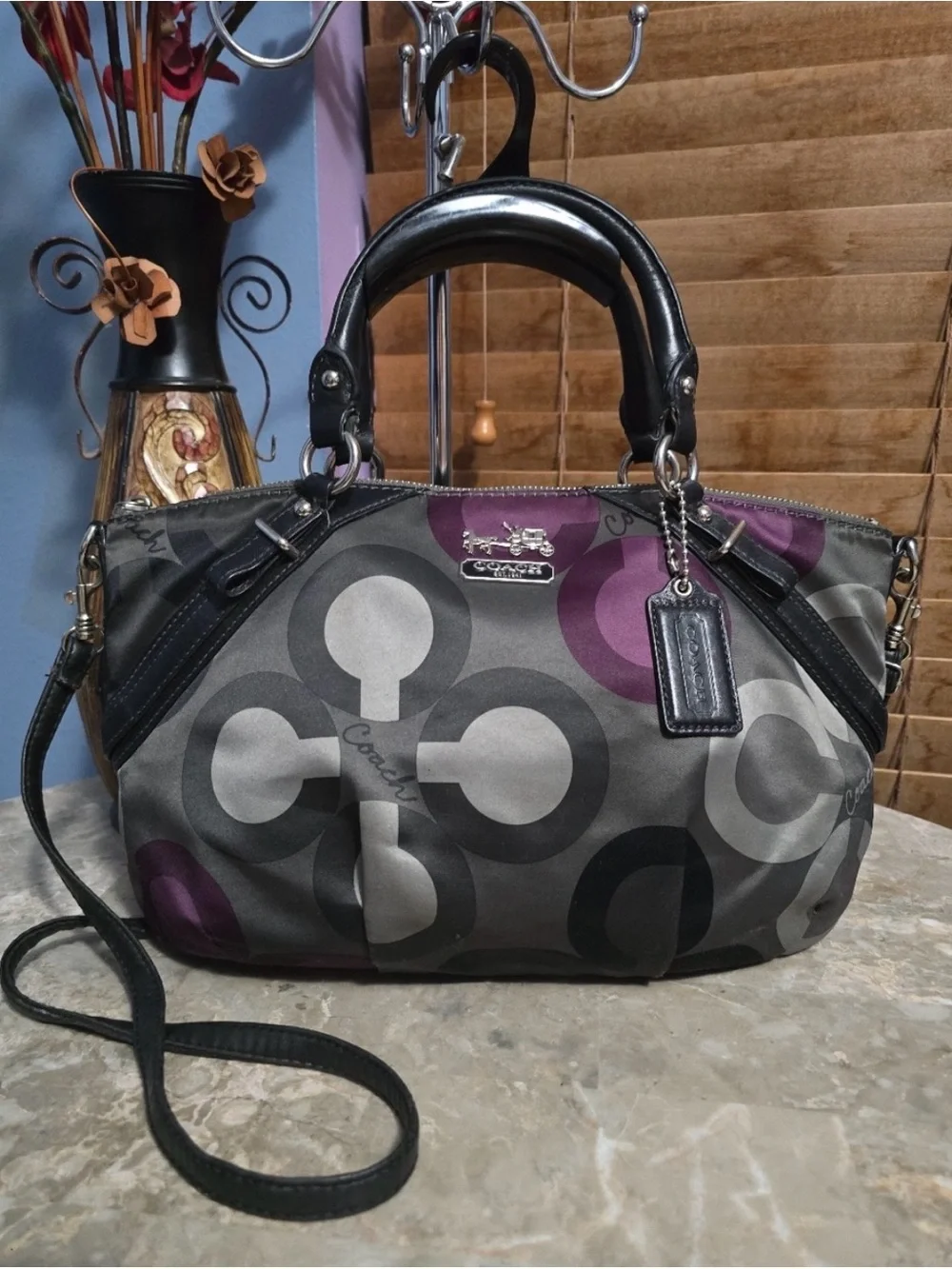 Coach Madison Sophia Sateen Op Art Clover Signature Gray & Purple Handbag